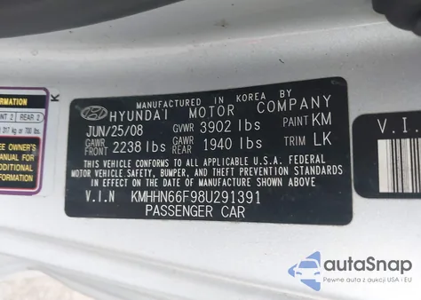 2008 Hyundai Tiburon Gt/Gt Limited/Se z USA, uszkodzony, nr VIN KMHHN66F98U291391